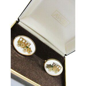Avon Model A Car Vintage Oval Cufflinks White & Gold Tone Tux Wedding Formal IOB